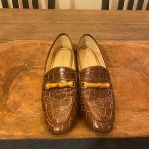 J. McLaughlin Crocodile Embossed Brown Leather Loafers, Bamboo Detail, 6.5